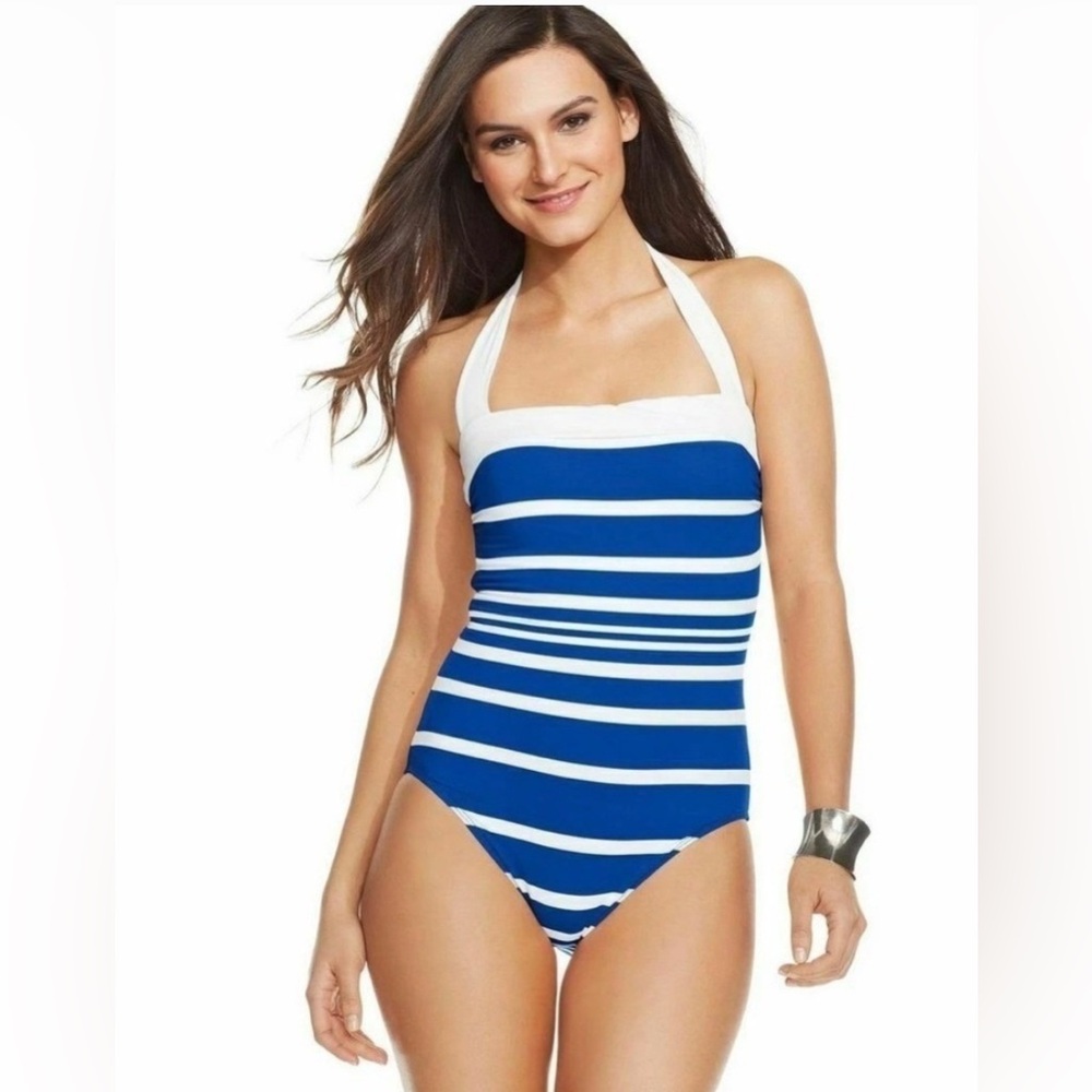 Lauren Ralph Lauren Blue and White Striped Halter One-Piece Swimsuit Women Swim